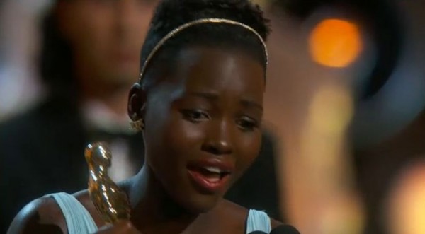 An emotional Lupita Nyong'o accepts the award for Best Supporting Actress