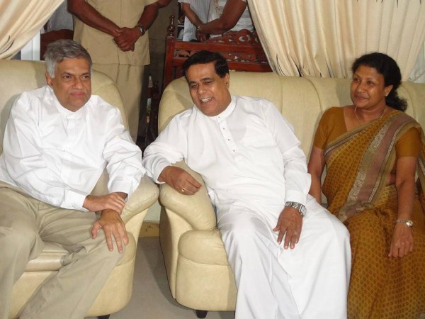 Prime Minister Ranil Wickremasinghe seen here on January 18th, 2015, 18-To pay last respects to the mother of Nimal Siripala de Silva, The New Opposition Leader-pic: twitter.com/officialunp 