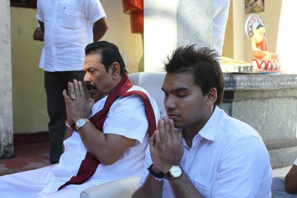 Former President Mahinda Rajapaksa and son Namalm Rajapaksa MP on April 14, 2015-pic: facebook.com/PresidentRajapaksa